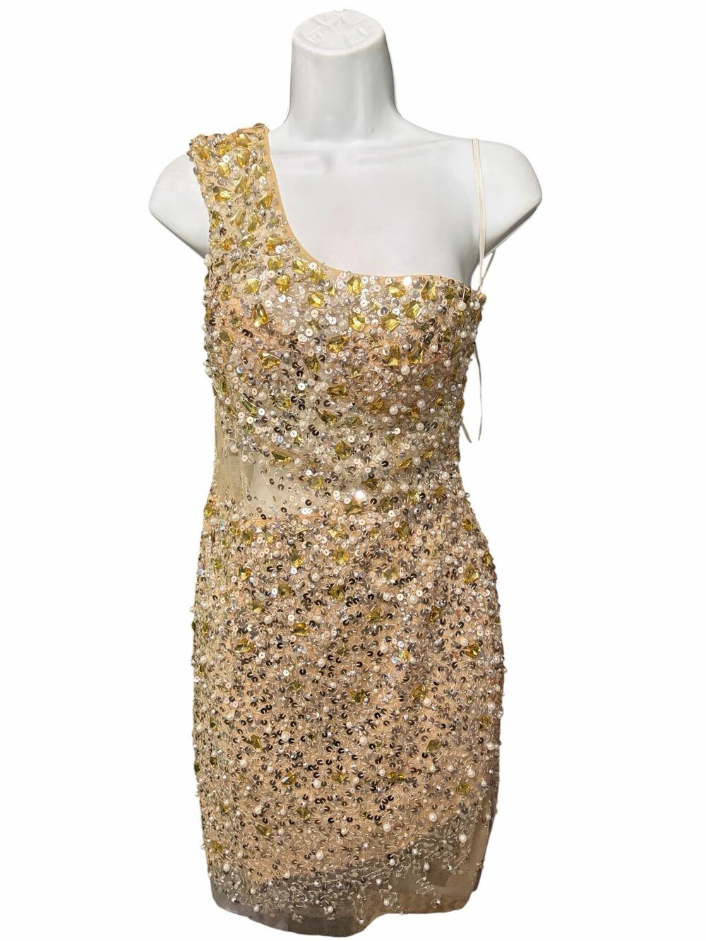 Mac Duggal Gold Sequin Beaded One Shoulder Mini Dress Size 4 Cocktail Formal